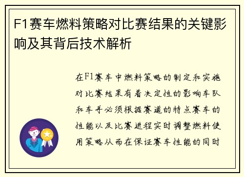 F1赛车燃料策略对比赛结果的关键影响及其背后技术解析
