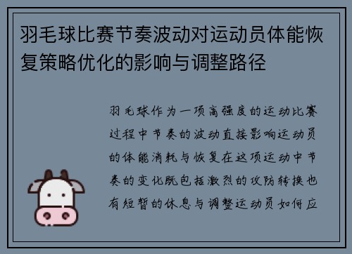 羽毛球比赛节奏波动对运动员体能恢复策略优化的影响与调整路径